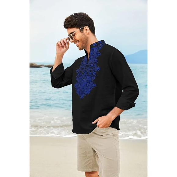 ❤️Men's Black Shirt Long Sleeve Floral Print Casual Cotton Beach Hippie T Shirt - Picture 3 of 9